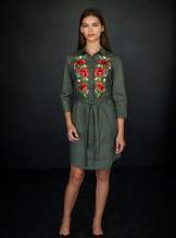 Сукня сорочка кольору хакі, з вишивкою маки, арт 4503
