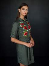 Сукня сорочка кольору хакі, з вишивкою маки, арт 4503