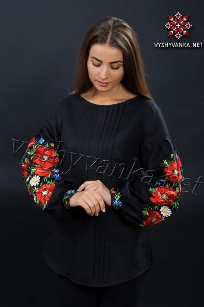 Чорна жіноча вишиванка Маки, арт. 4134