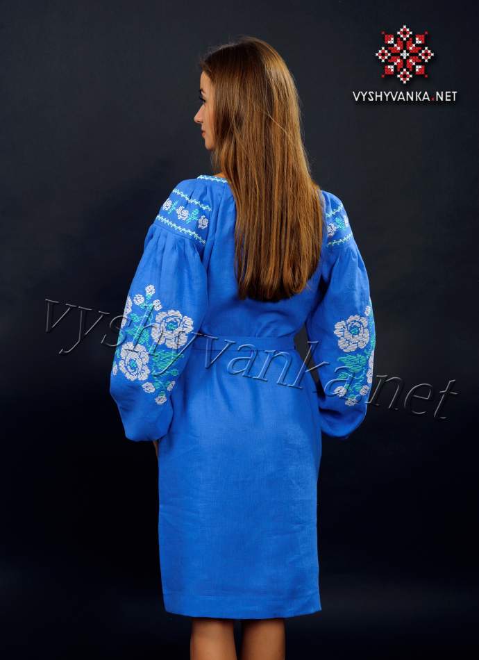 Лляне плаття з вишивкою світло-синє (троянди), арт. 4157