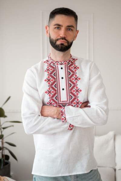 Біла вишита чоловіча сорочка "Мозаїка", арт. 4264