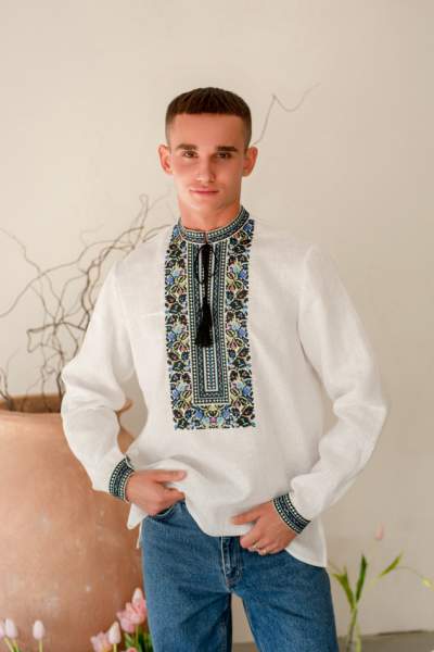 Чоловіча сорочка "Борщівська синя", льон білий арт.4280