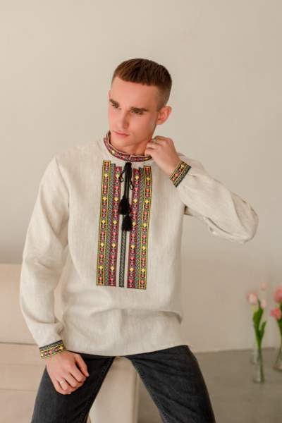 Чоловіча сорочка "Борщівська червона", льон натурал. арт.4283