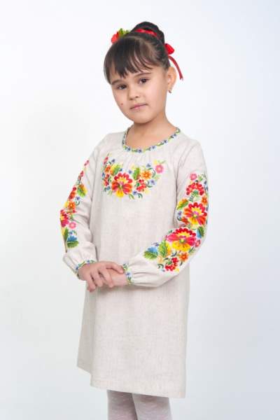 Серое детское платье-вышиванка "петриковская роспись", арт. 4328