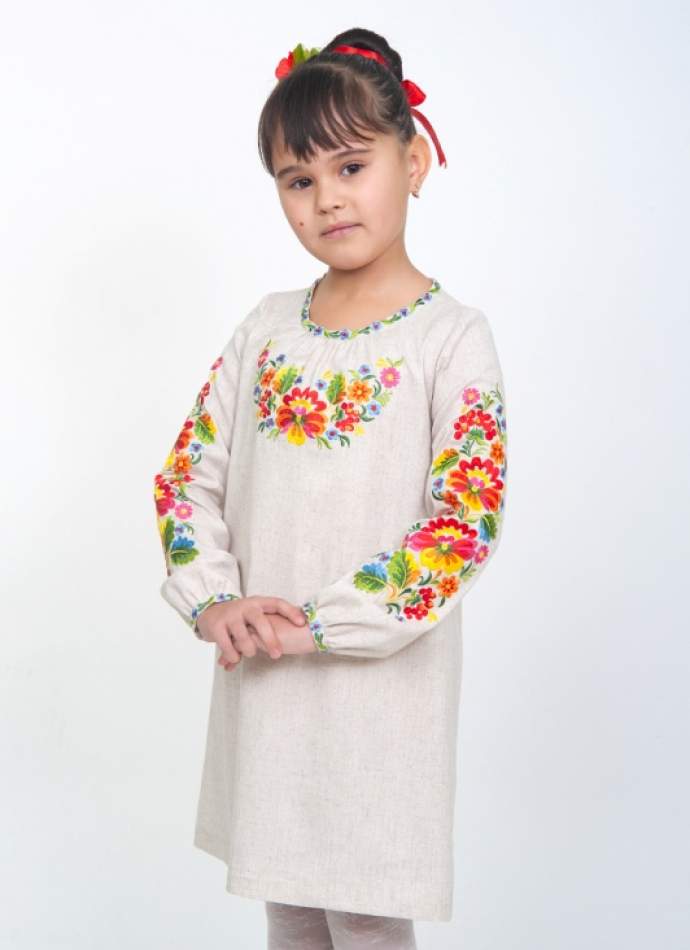 Серое детское платье-вышиванка "петриковская роспись", арт. 4328