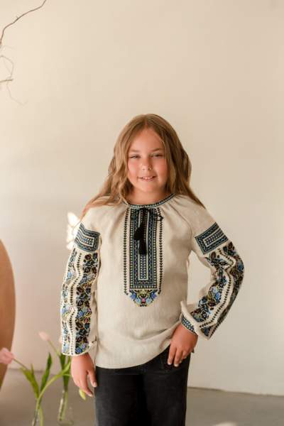 Блузка на дівчинку "Борщівська синя", льон натурал. арт.4377