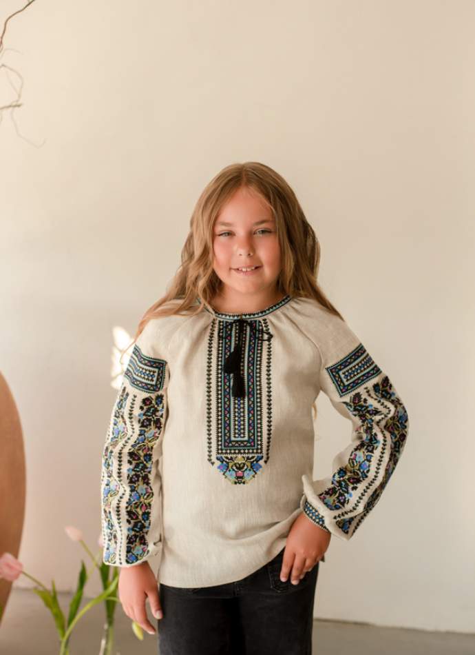 Блузка на дівчинку "Борщівська синя", льон натурал. арт.4377