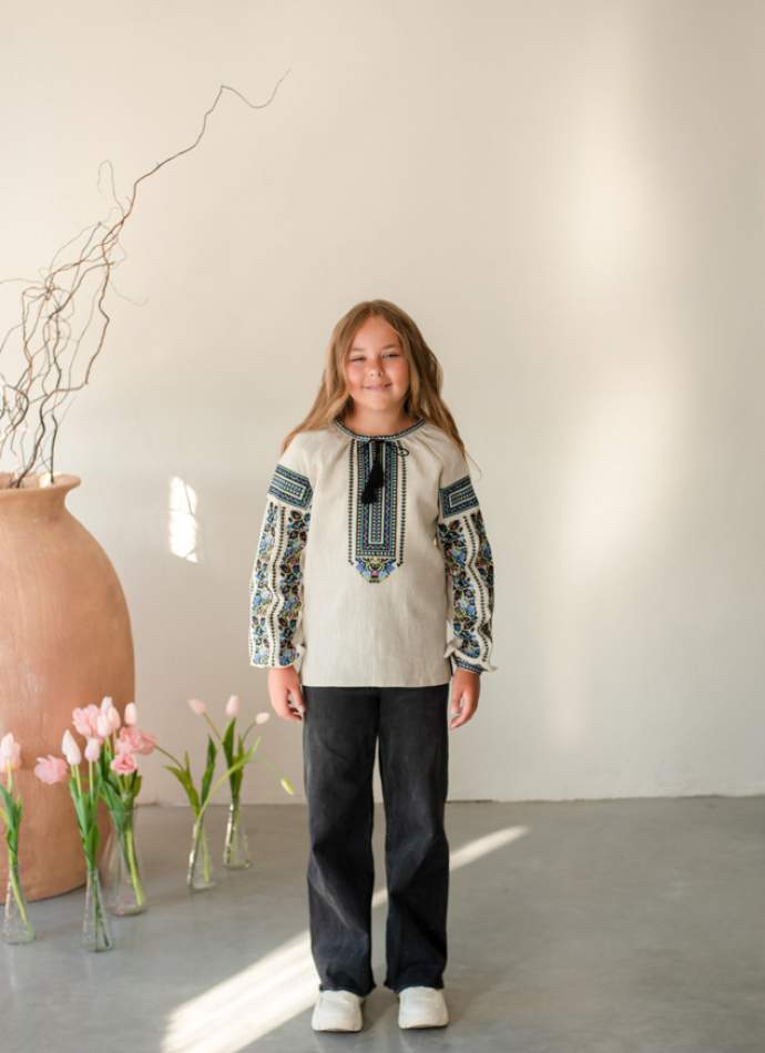 Блузка на дівчинку "Борщівська синя", льон натурал. арт.4377