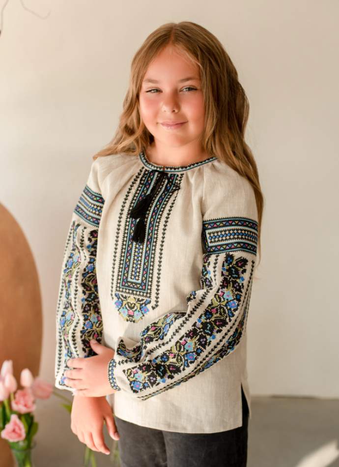 Блузка на дівчинку "Борщівська синя", льон натурал. арт.4377