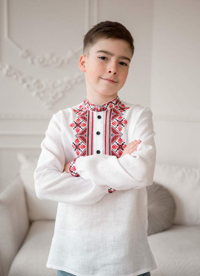 Біла лляна вишита сорочка для хлопчика "Мозаїка", арт.4445