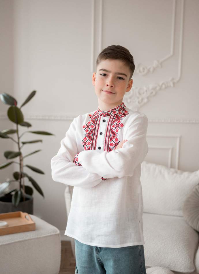 Біла лляна вишита сорочка для хлопчика "Мозаїка", арт.4445
