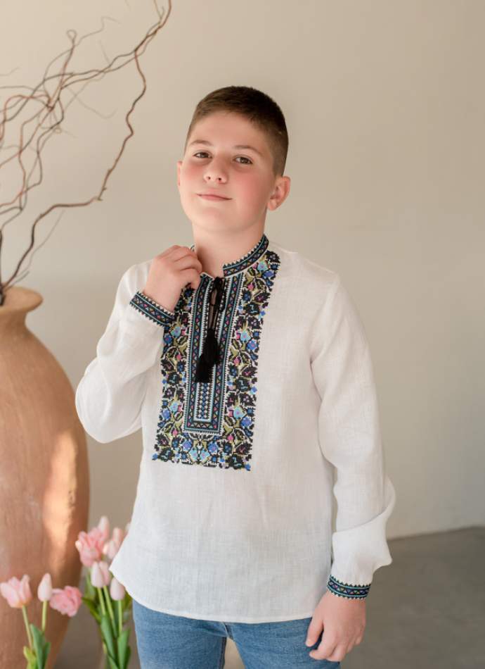 Сорочка на хлопчика "Борщівська синя", льон білий арт.4456