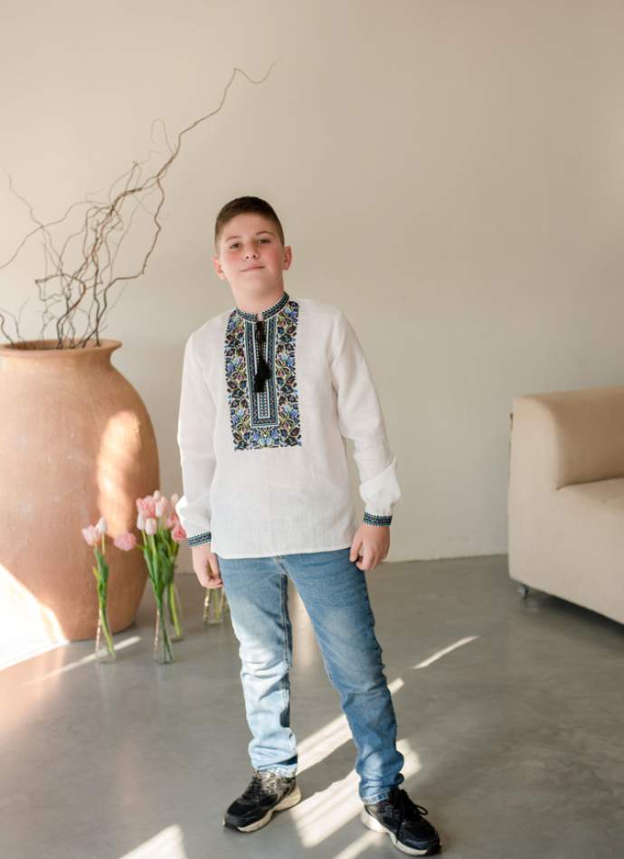 Сорочка на хлопчика "Борщівська синя", льон білий арт.4456