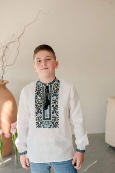 Сорочка на хлопчика "Борщівська синя", льон білий арт.4456