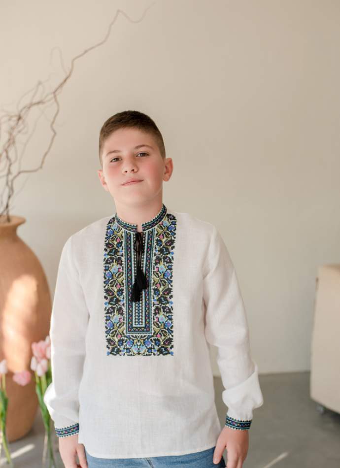 Сорочка на хлопчика "Борщівська синя", льон білий арт.4456