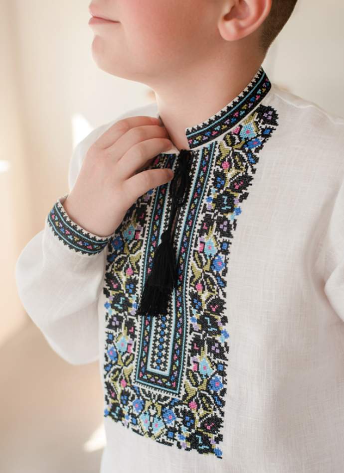 Сорочка на хлопчика "Борщівська синя", льон білий арт.4456