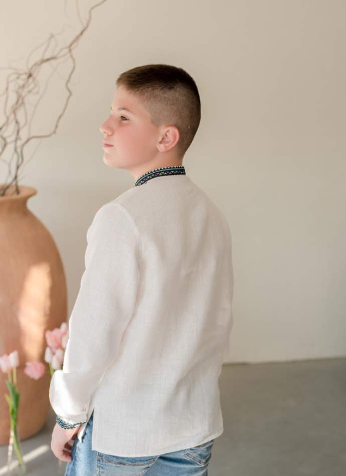 Сорочка на хлопчика "Борщівська синя", льон білий арт.4456