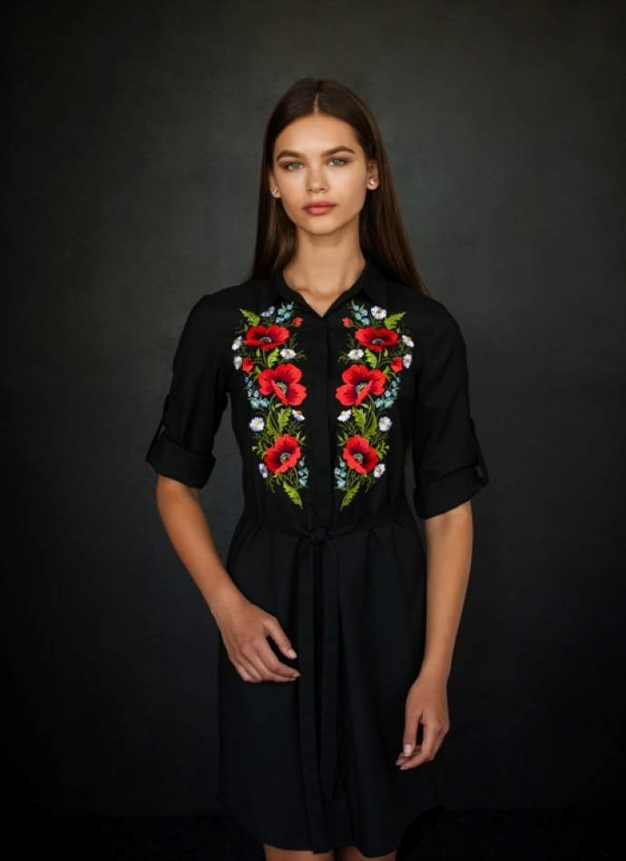 Платье рубашка черное с вышивкой маки, арт. 4501