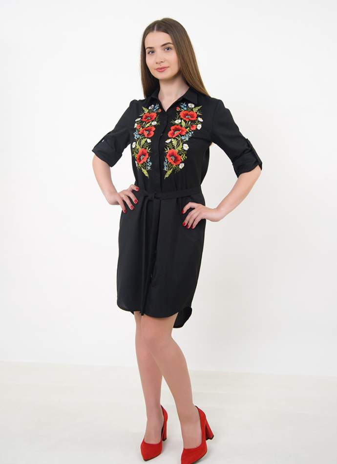 Платье рубашка черное с вышивкой маки, арт. 4501