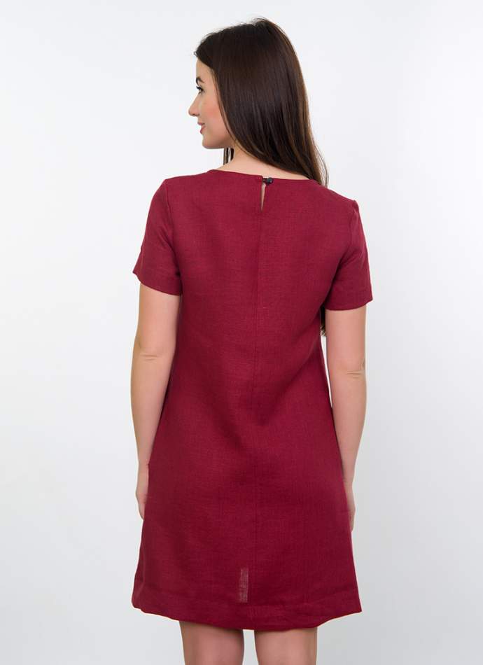 Вышитое платье на льне (бордовое), арт. 4536