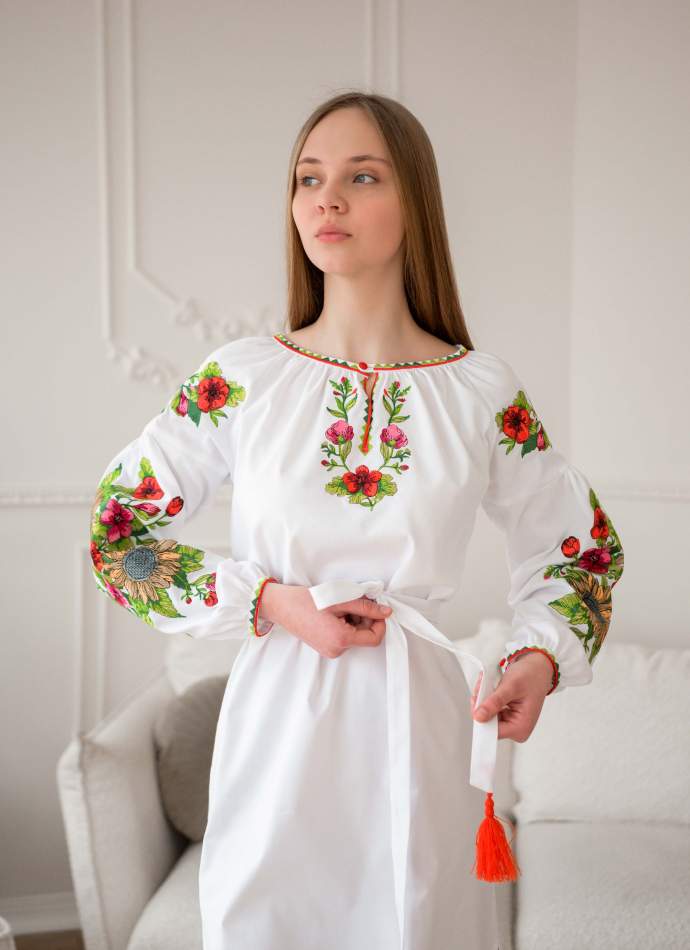 Лляне біле плаття з вишивкою (Соняхи), арт. 4556-льон