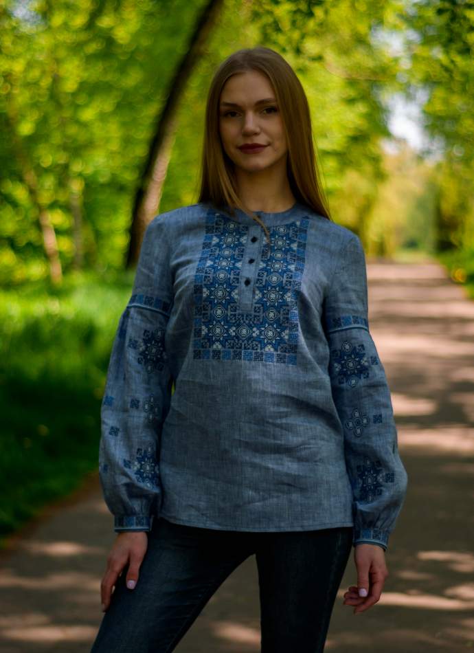 Жіноча блуза на довгий рукав з планкою джинс-льон ,арт 4598