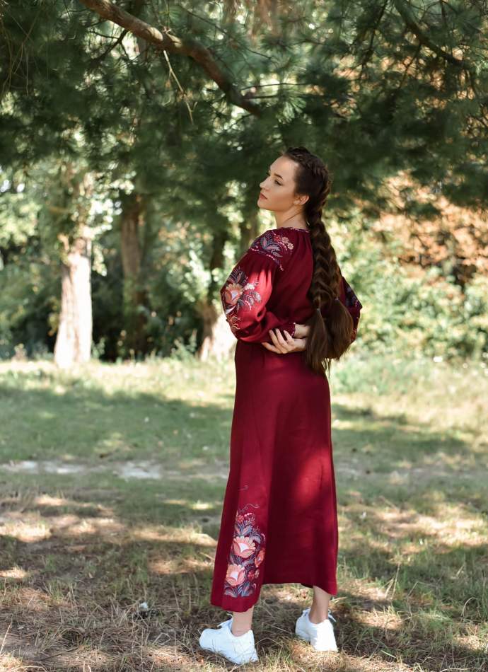 Довга бордова сукня з льону ,арт. 4607
