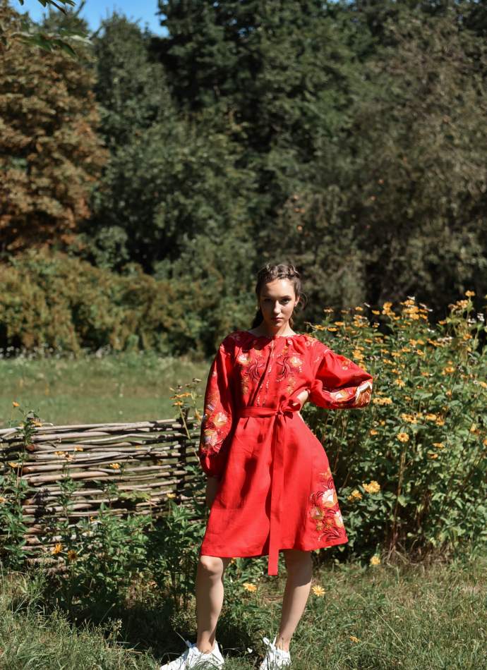 Яскрава червона сукня з льону, арт. 4608-коротка