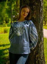 Жіноча блуза на довгий рукав,льон-джинс "Світанок",арт 4626