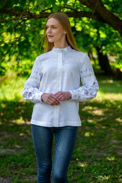 Біла жіноча блуза на довгий рукав з мереживом "Перлина",арт 4631