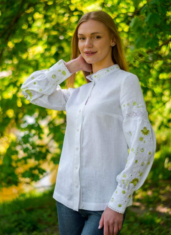 Біла жіноча блуза на довгий рукав з мереживом "Перлина",арт 4632