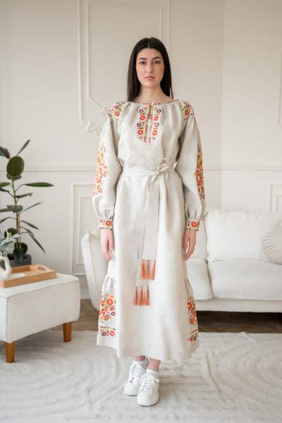 Лляне плаття з вишивкою в стилі петриківського розпису,арт  4634