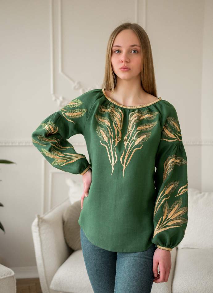 Зелена блузка вишиванка,  "Колоски", арт. 4637