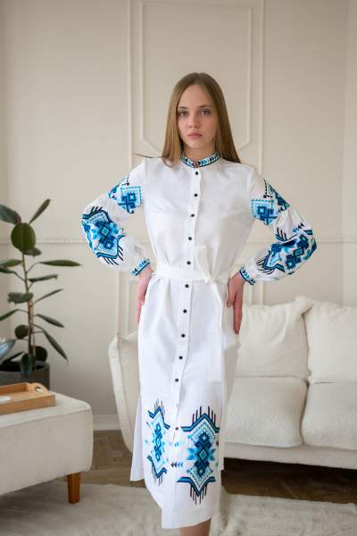 Біла сукня вишиванка FOLK на ґудзиках з поясом  арт. 4638