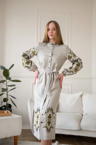 Сукня вишиванка з натурального льону FOLK на ґудзиках з поясом, арт. 4640