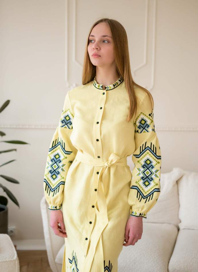 Жовта сукня вишиванка FOLK на ґудзиках з поясом, арт. 4643