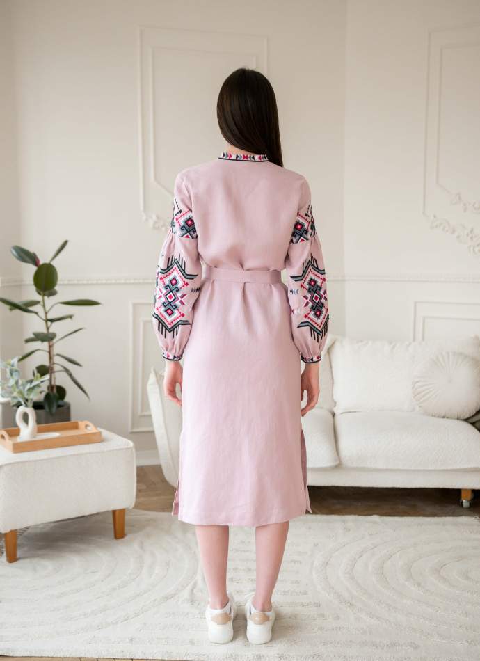 Рожева сукня вишиванка FOLK на ґудзиках з поясом, арт.4644