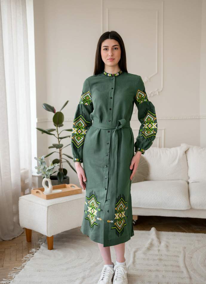 Зелене вишите плаття FOLK на ґудзиках з поясом, арт.4647