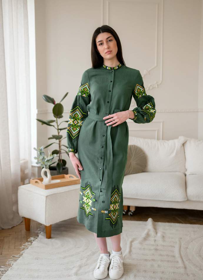 Зелене вишите плаття FOLK на ґудзиках з поясом, арт.4647