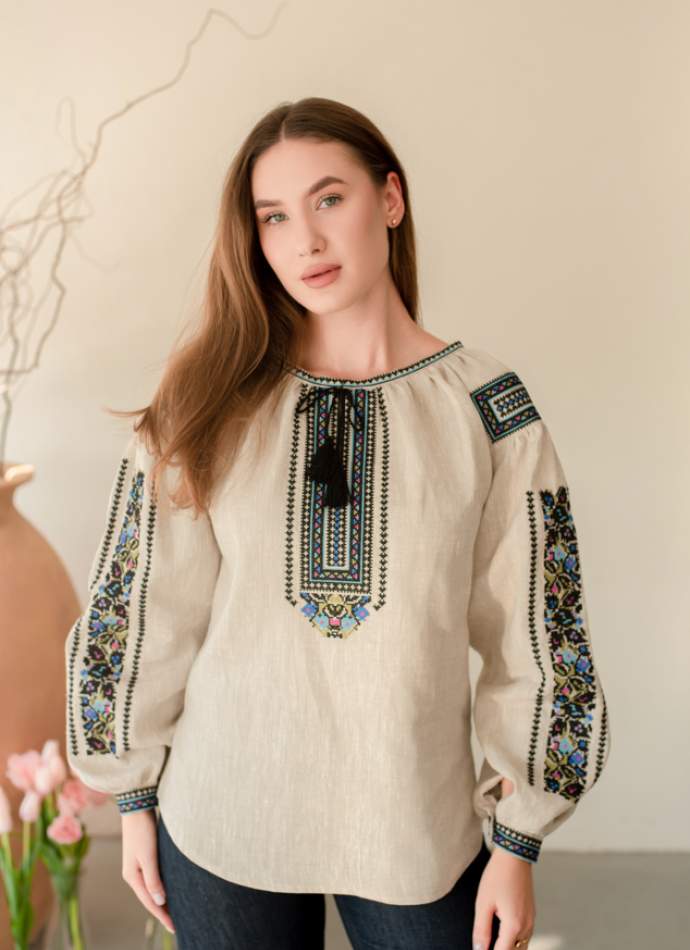 Дизайнерська вишиванка"Борщівська синя", Натурал. льон арт.4687