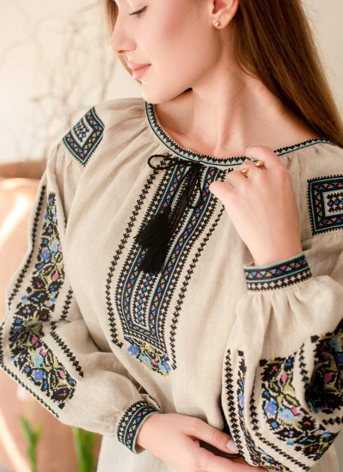 Дизайнерська вишиванка"Борщівська синя", Натурал. льон арт.4687