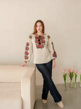 Дизайнерська вишиванка з льону з пишними вишитими рукавами,арт 4689