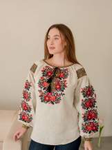 Дизайнерська вишиванка з льону з пишними вишитими рукавами,арт 4689
