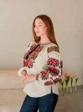 Дизайнерська вишиванка з льону з пишними вишитими рукавами,арт 4689