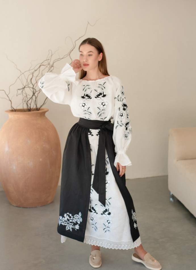 Комплект "Княжа" — вишита лляна сукня + плахта з поясом, арт.4690