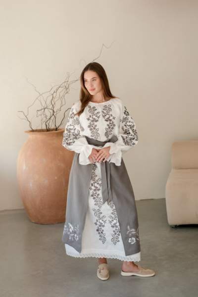 Комплект "Княжа" — вишита лляна сукня + плахта з поясом, арт.4691