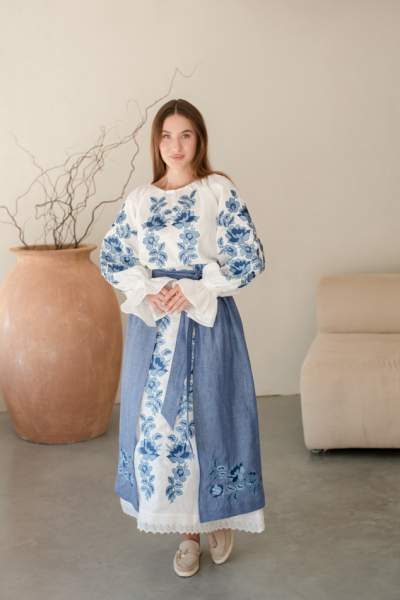 Комплект "Княжа" — вишита лляна сукня + плахта з поясом, арт.4695