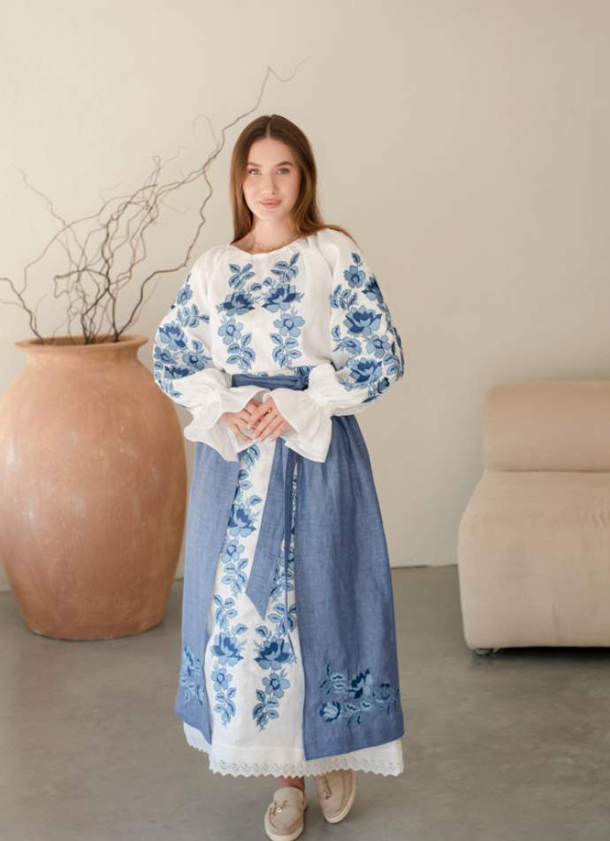 Комплект "Княжа" — вишита лляна сукня + плахта з поясом, арт.4695