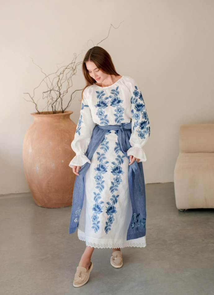 Комплект "Княжа" — вишита лляна сукня + плахта з поясом, арт.4695