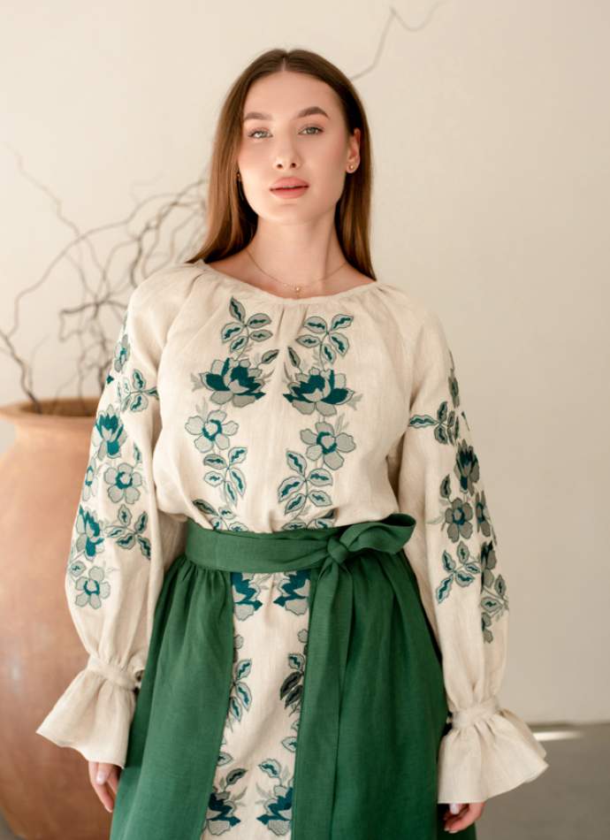 Жіночий вишитий костюм- довга сукня і плахта з машинною вишивкою гладдю з льону,в етно стилі,арт 4696